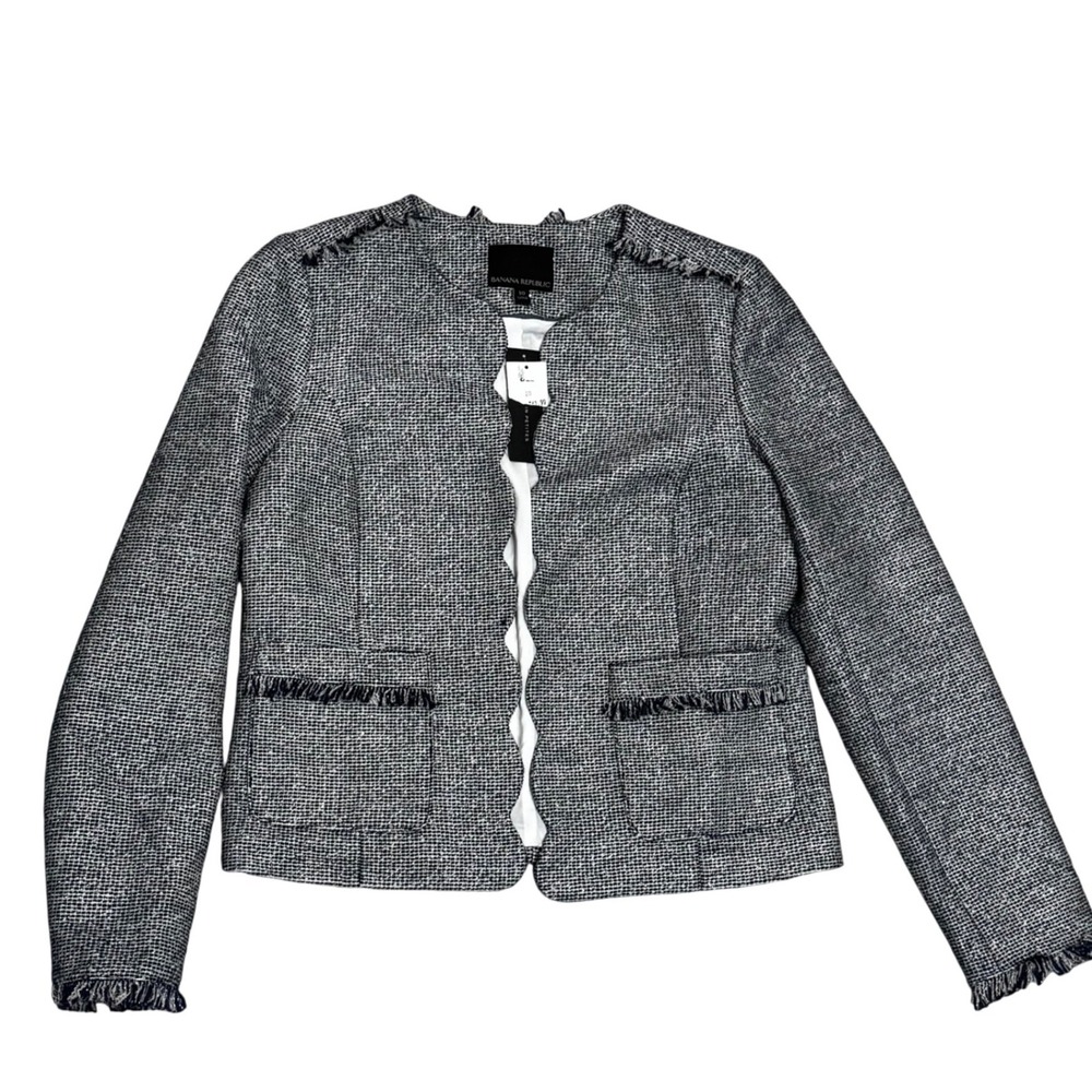Banana Republic Scalloped Tweed Jacket Women 10 Blue NWT Fringed Open Front